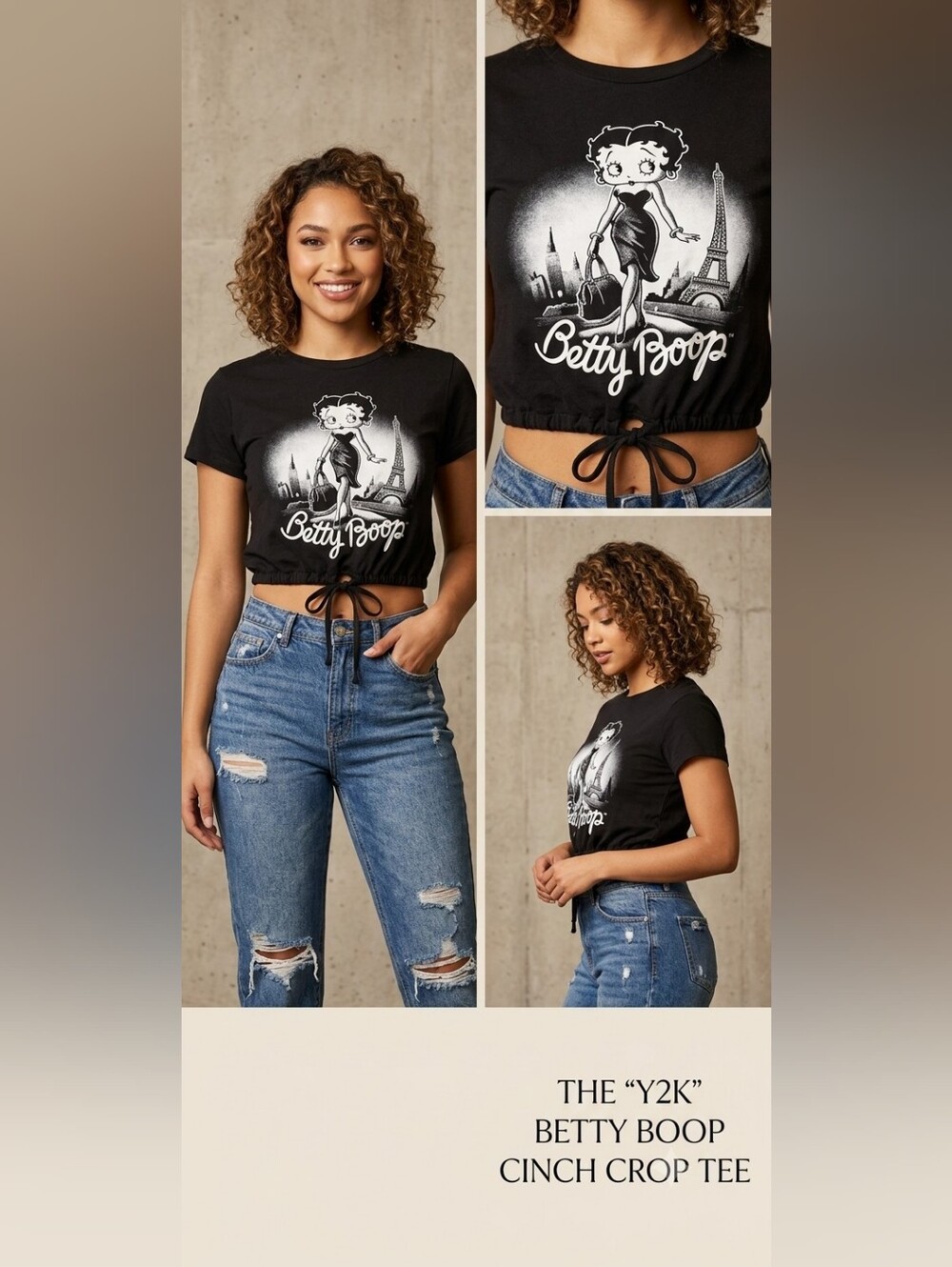 Y2K Betty Boop Graphic Print Cinched Crop Tee - Black